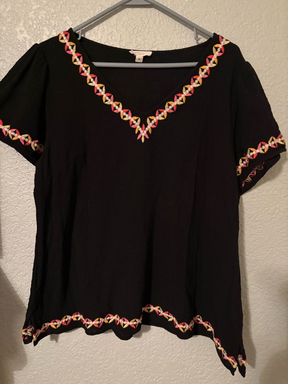 Black Embroidered V-Neck Tunic Top with Colorful Trim